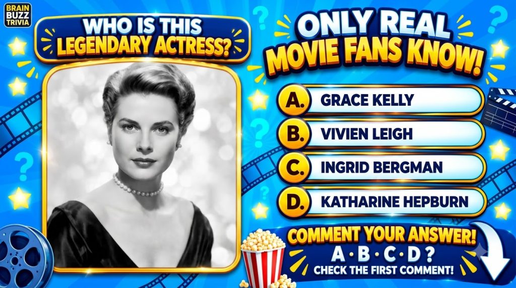 A black and white portrait of Grace Kelly in a gold frame at the center set against a vibrant blue background adorned wi