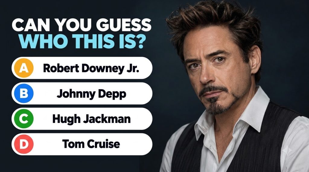 Portrait of Robert Downey Jr with a quiz overlay CAN YOU GUESS WHO THIS IS