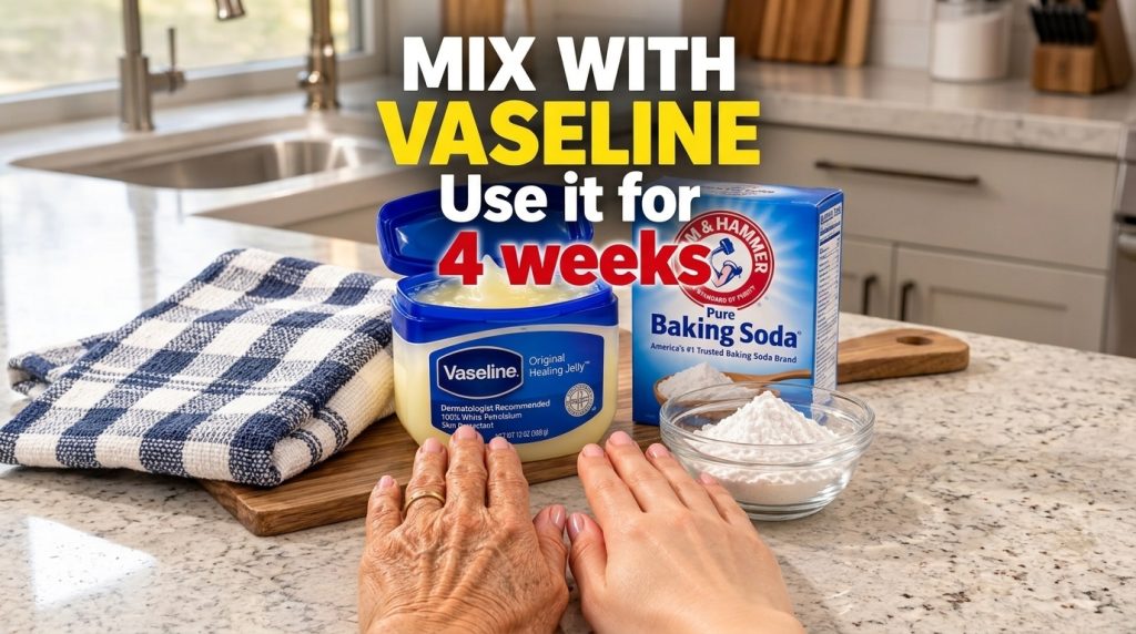 Two hands one visibly older and one smoother resting on a light kitchen counter next to an open jar of Vaseline and a bo