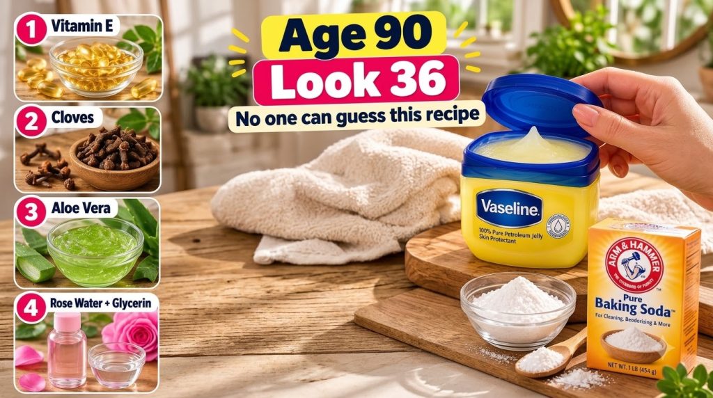 A flat lay of natural ingredients for a homemade beauty recipe including a jar of Vaseline being opened coffee grounds v