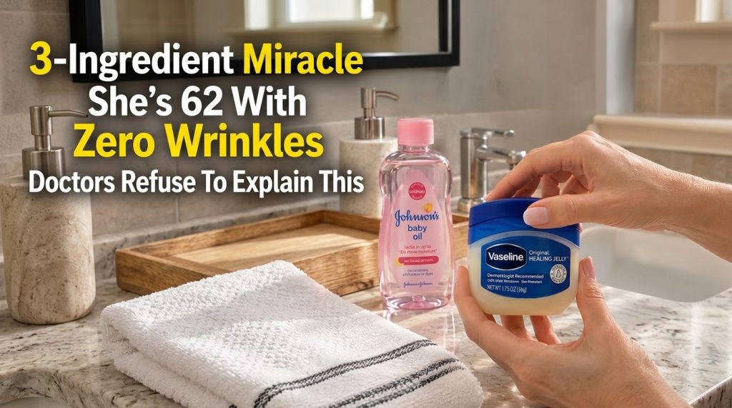 A bathroom counter with a person s hands holding a jar of Vaseline Healing Jelly a bottle of Johnson s Baby Oil and a fo