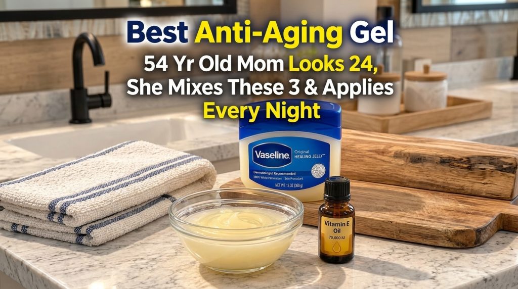 A well-lit close-up of a DIY beauty remedy setup on a counter featuring a large tub of Vaseline a small bottle of Vitami