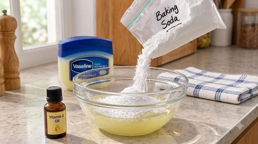 A close-up of baking soda being poured into a clear glass bowl containing a yellow liquid with a jar of Vaseline and a b