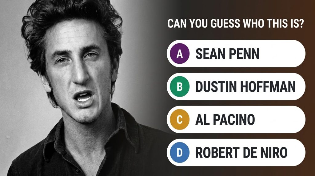 A black and white portrait of actor Sean Penn with a slightly open mouth and textured hair accompanied by a quiz prompt 