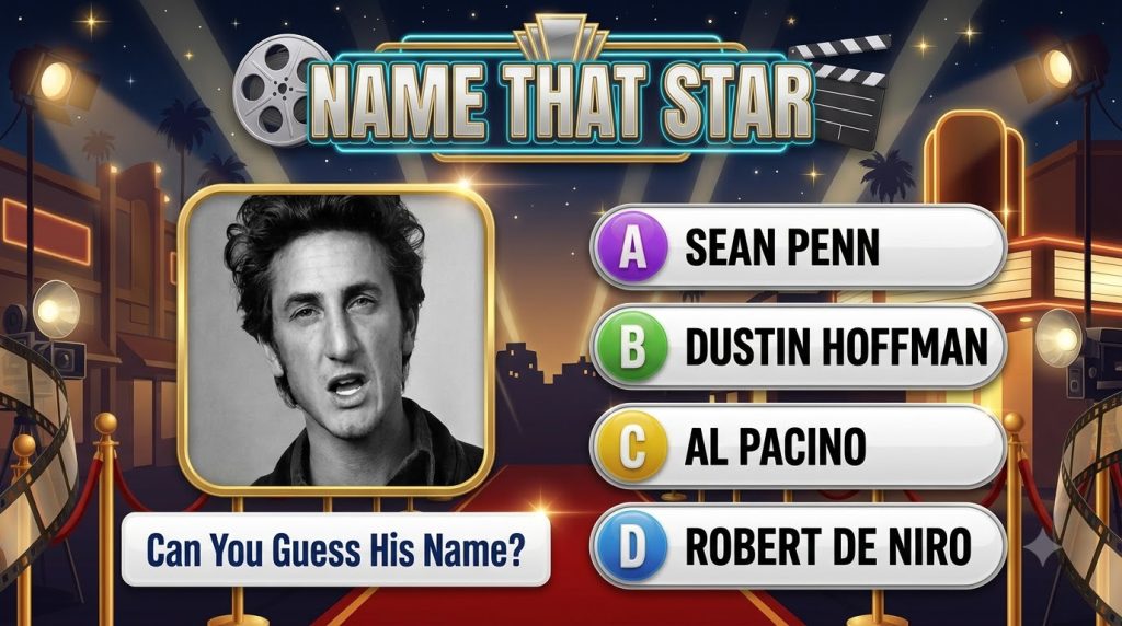 A Name That Star mobile game screen featuring a black and white portrait of actor Sean Penn The background shows a movie