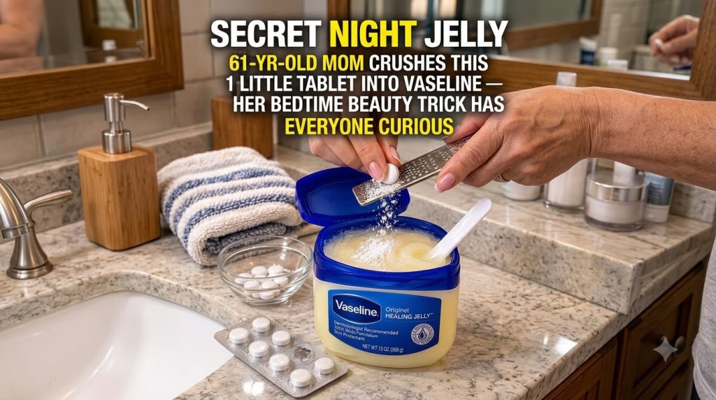 Hands grating a white vitamin tablet into a tub of Vaseline on a bathroom counter Finely powdered white particles are fa