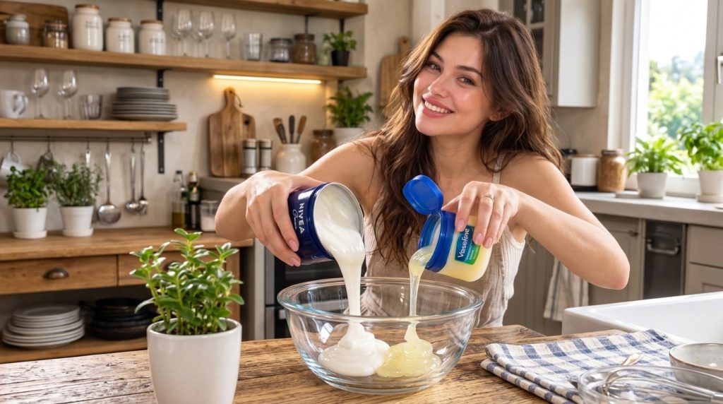 A smiling woman in a warm kitchen pouring white cream and yellow petroleum jelly into a clear glass mixing bowl with her