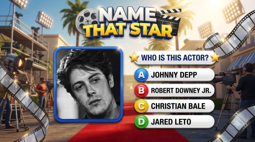 A black and white portrait of a young Brendan Fraser styled as a movie quiz game screen with NAME THAT STAR title and mu
