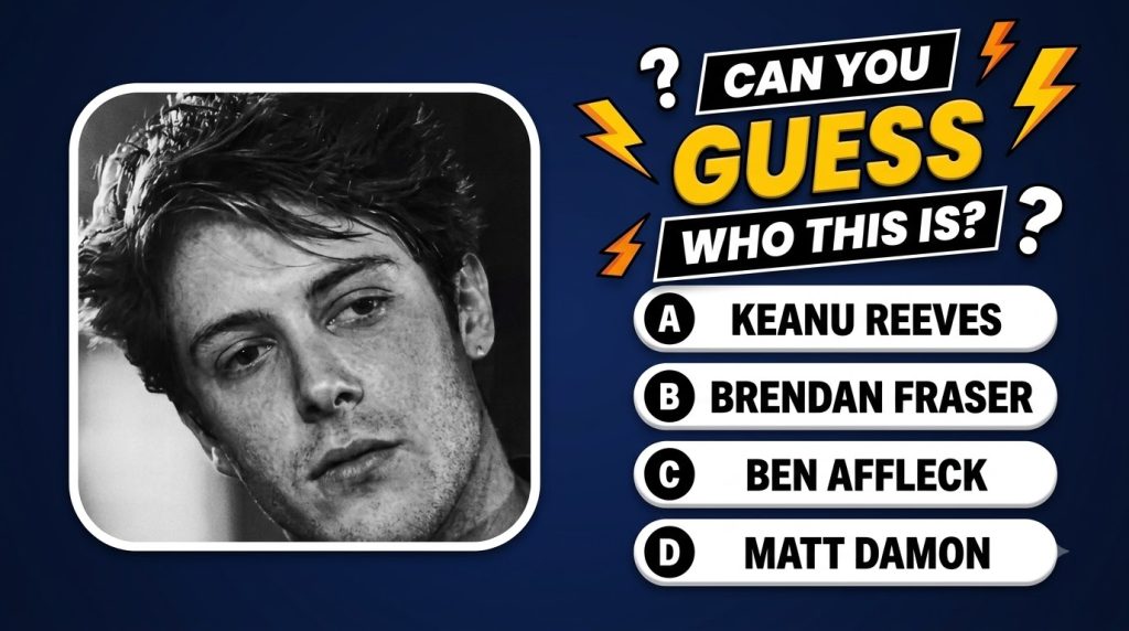 A black and white portrait of a young Brendan Fraser with disheveled hair part of a quiz asking CAN YOU GUESS WHO THIS I