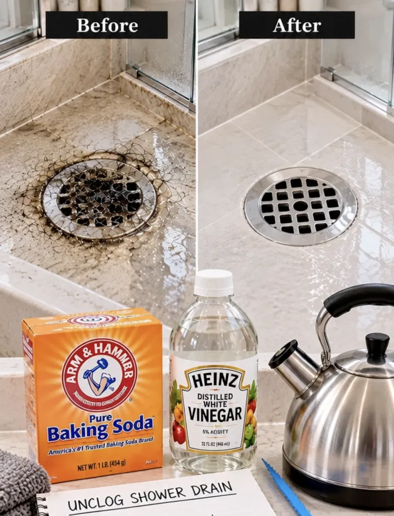 Before and after comparison of a shower drain showing a dirty clogged drain on the left and a sparkling clean drain on t