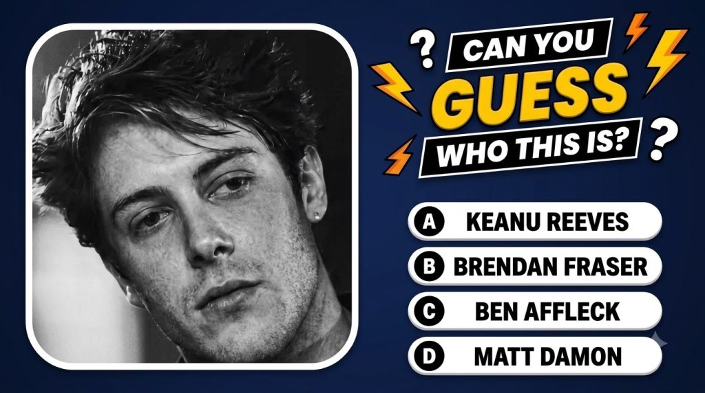 A social media quiz with the question CAN YOU GUESS WHO THIS IS featuring a black and white portrait of a young Brendan 