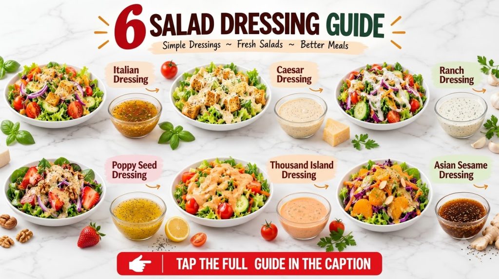 Six distinct homemade salad dressings and their corresponding salad bowls arranged vertically on a white marble backgrou