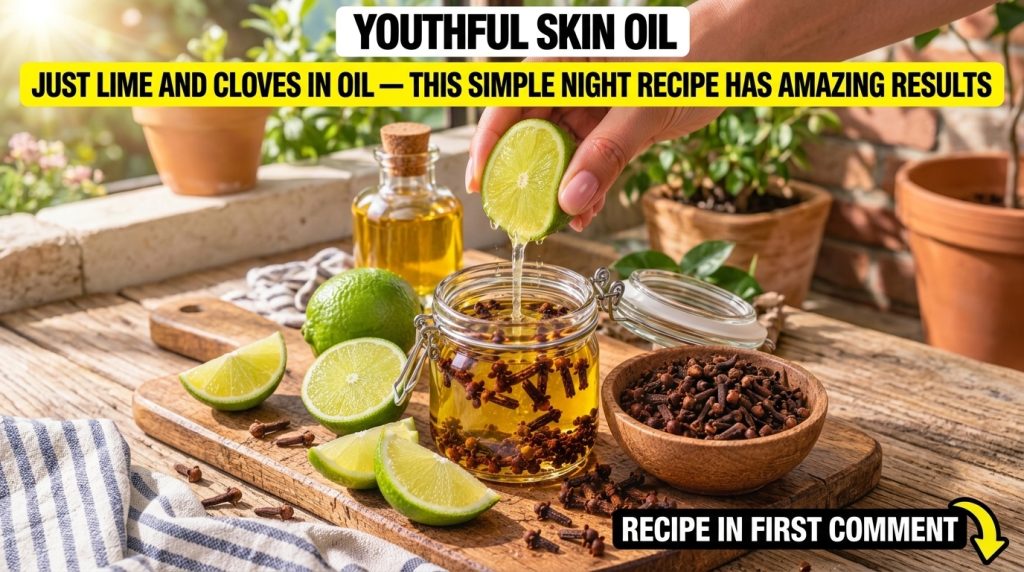 A hand squeezing a halved lime into a jar with oil and cloves surrounded by whole limes and dried cloves on a wooden sur