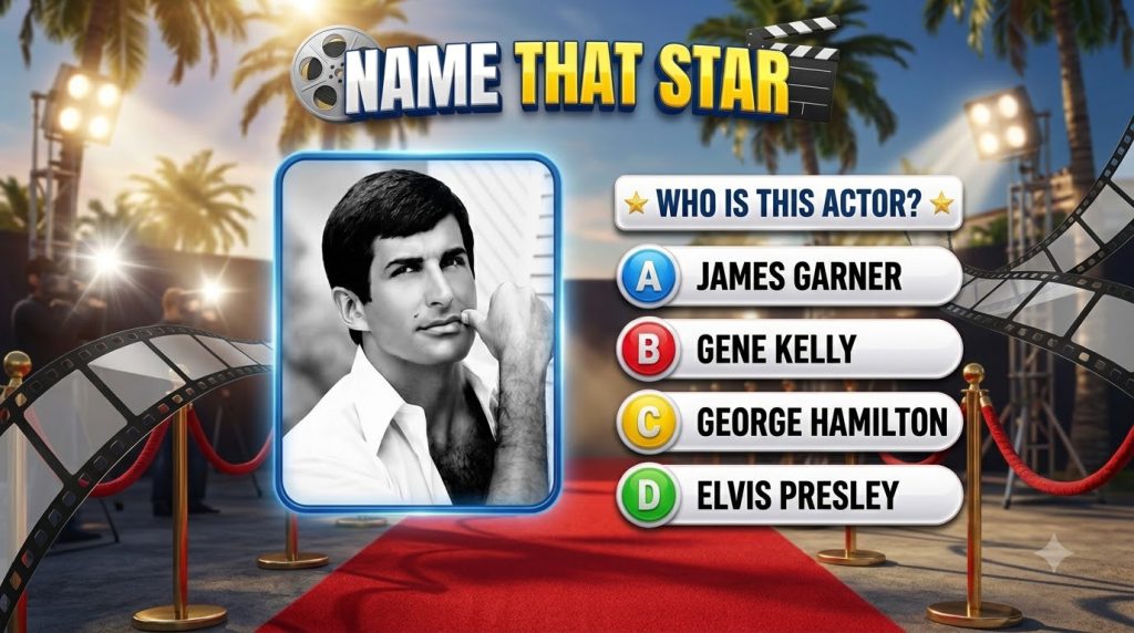 Black and white portrait of George Hamilton with a blue border set against a stylized Hollywood background with palm tre