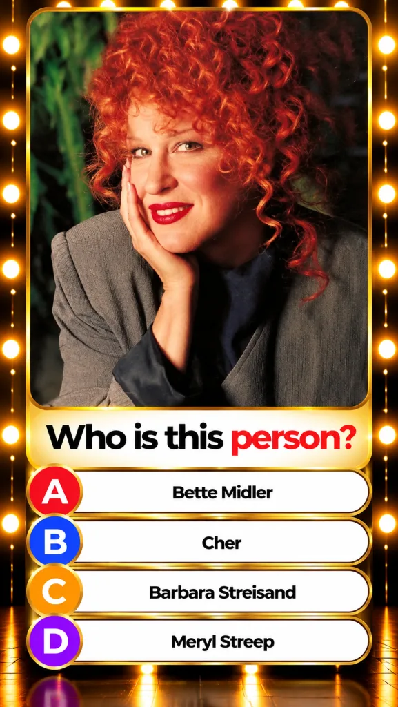 A brightly lit theatrical-themed quiz graphic featuring a portrait of Bette Midler framed by a golden border and illumin