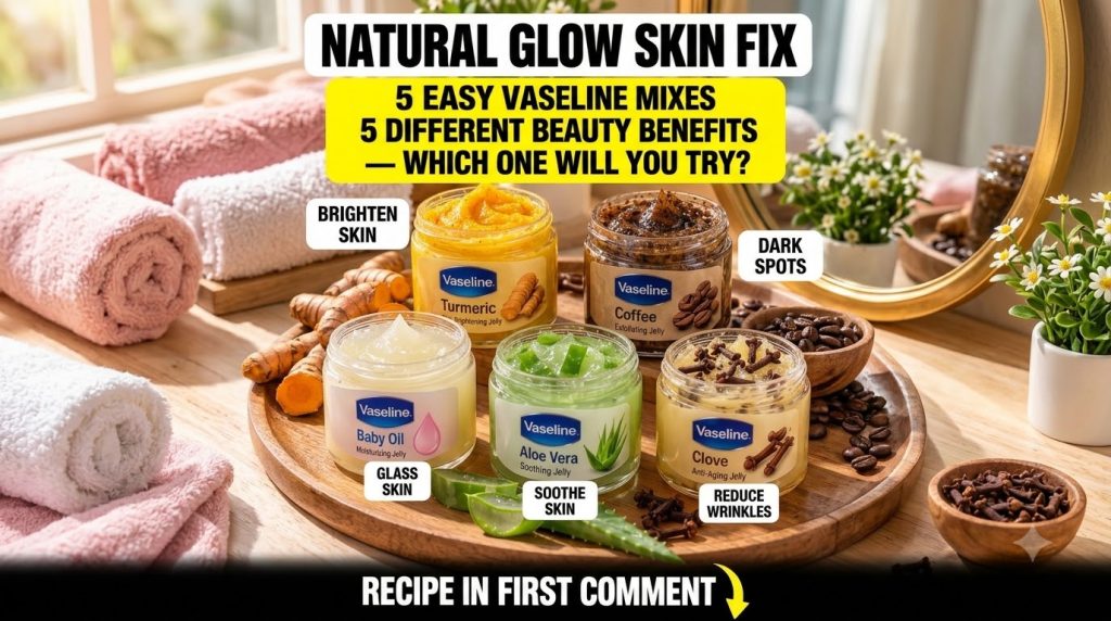 Five open jars of Vaseline jelly each mixed with a different natural ingredient turmeric coffee baby oil aloe vera clove