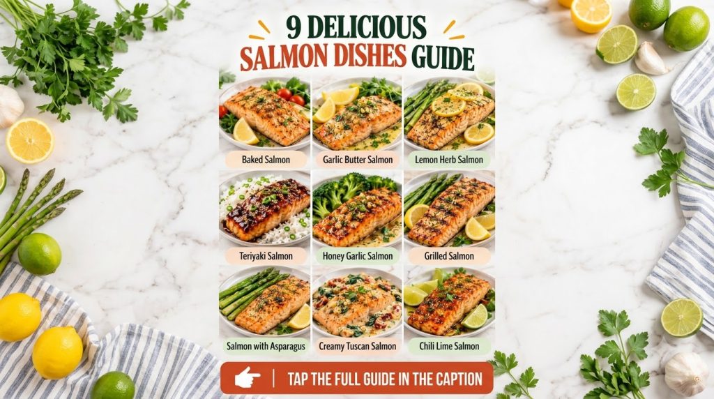 A vibrant grid of nine different delicious salmon dishes each garnished with fresh herbs lemon or vegetables highlightin
