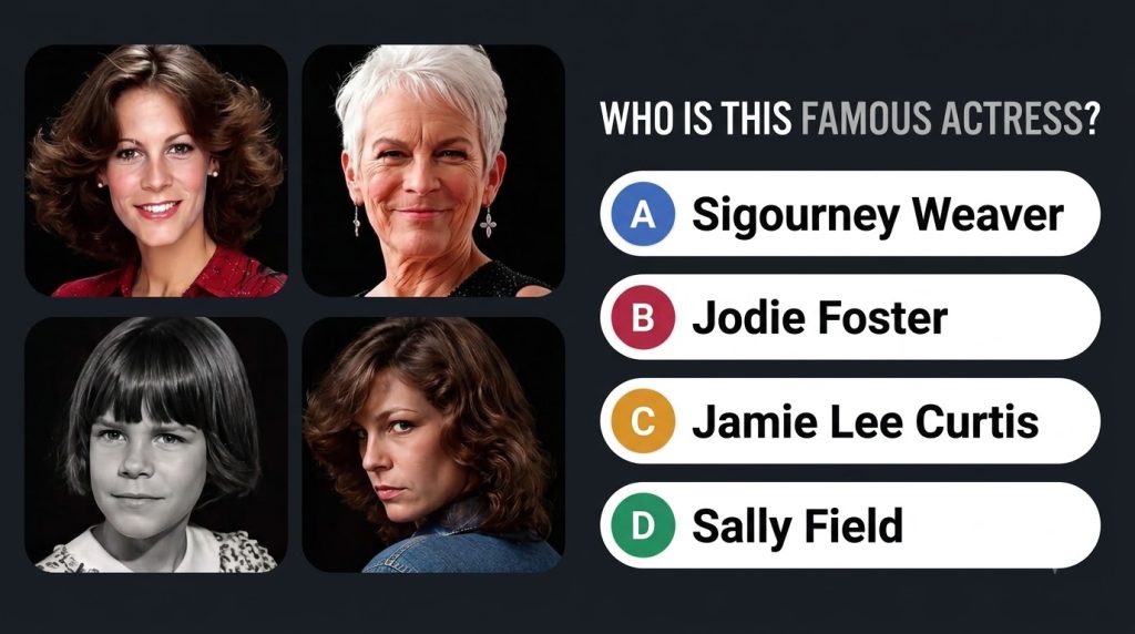 A quiz interface asking WHO IS THIS FAMOUS ACTRESS featuring a 2x2 grid of Jamie Lee Curtis s portraits at different age