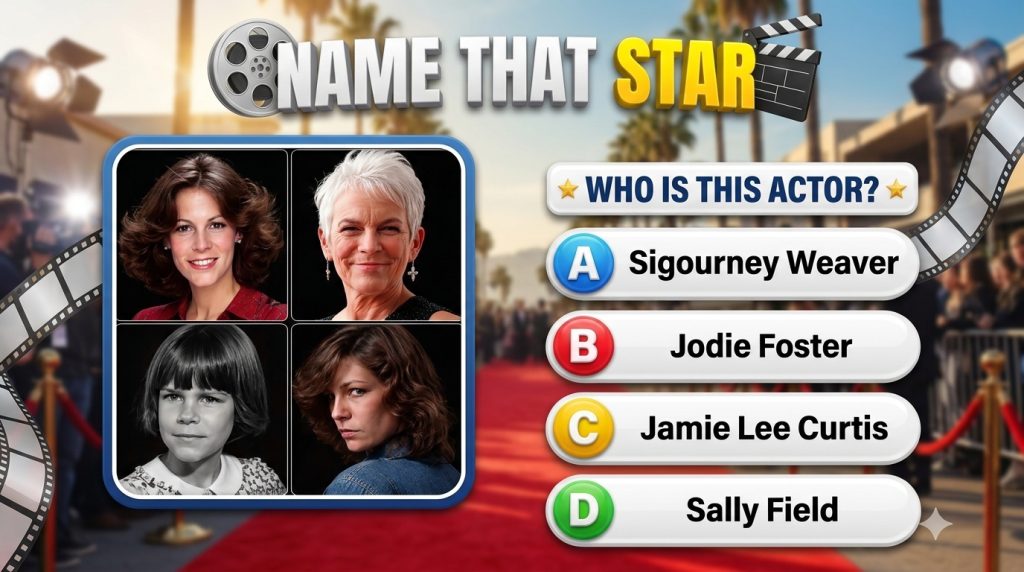 A mobile game screen for Name That Star showing headshots of Karen Carpenter Jamie Lee Curtis Jodie Foster and Sigourney