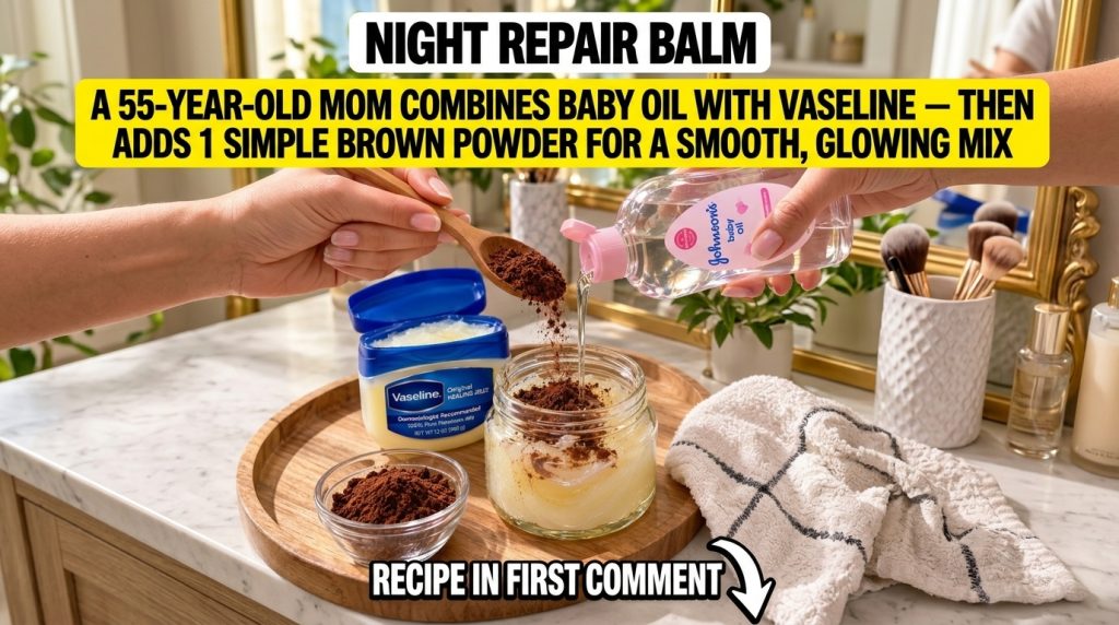 Hands mixing Vaseline baby oil and cocoa powder on a wooden board to create a night balm