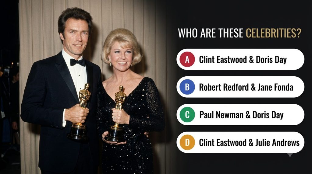 Clint Eastwood and Doris Day smiling formally dressed and holding prestigious awards