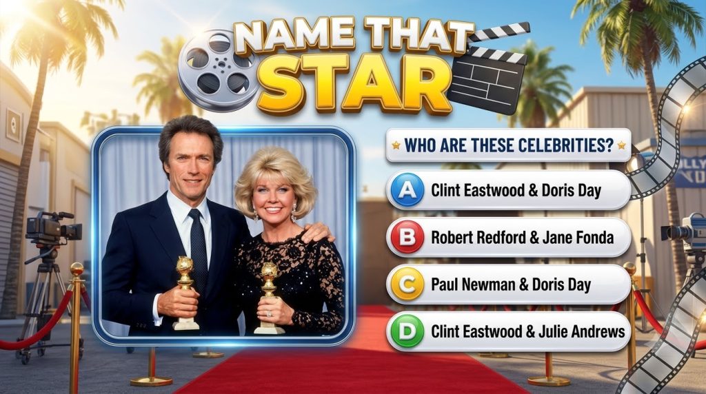A mobile game interface titled NAME THAT STAR showing a quiz question with a photo of Clint Eastwood and Doris Day holdi
