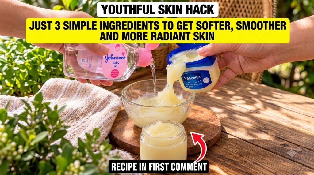 Hands mixing Vaseline and baby oil in a glass bowl on a wooden board with a small jar of the finished mixture nearby