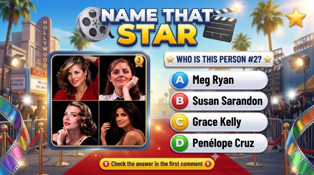 A vertical mobile game screen for a NAME THAT STAR quiz showing a grid of four celebrity headshots against a vibrant Hol