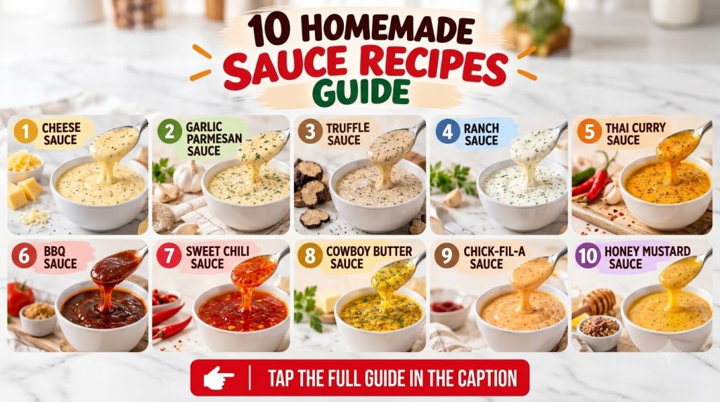 A vibrant grid of 10 distinct homemade sauces each in a white bowl with a spoon surrounded by their key ingredients