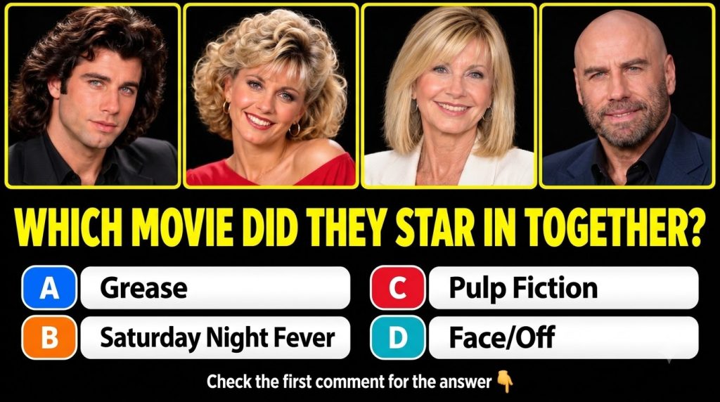 A 2x2 grid of celebrity portraits of John Travolta and Olivia Newton-John showing younger and older versions with the qu
