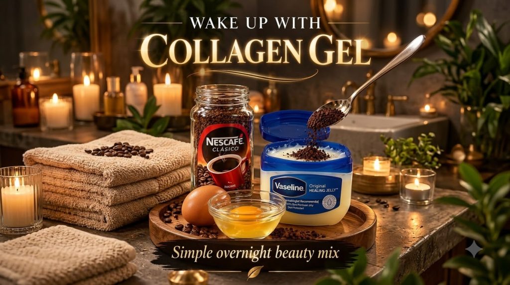 Ingredients for the DIY beauty mix a jar of Nescafé coffee granules a tub of Vaseline two raw eggs with coffee being pou