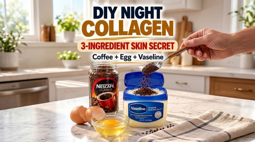 A flat lay of the three ingredients for a DIY night collagen mask Nescafe instant coffee granules Vaseline Original Heal