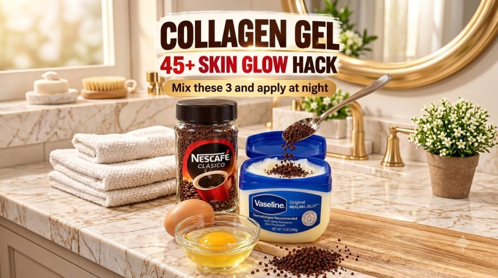 Three common household ingredients a jar of Nescafe Clasico coffee an open container of Vaseline Original Healing Jelly 