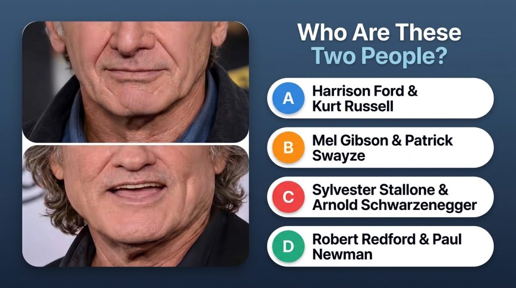 Two close-up crops of the lower faces of older men presented as a celebrity identification quiz against a dark blue back