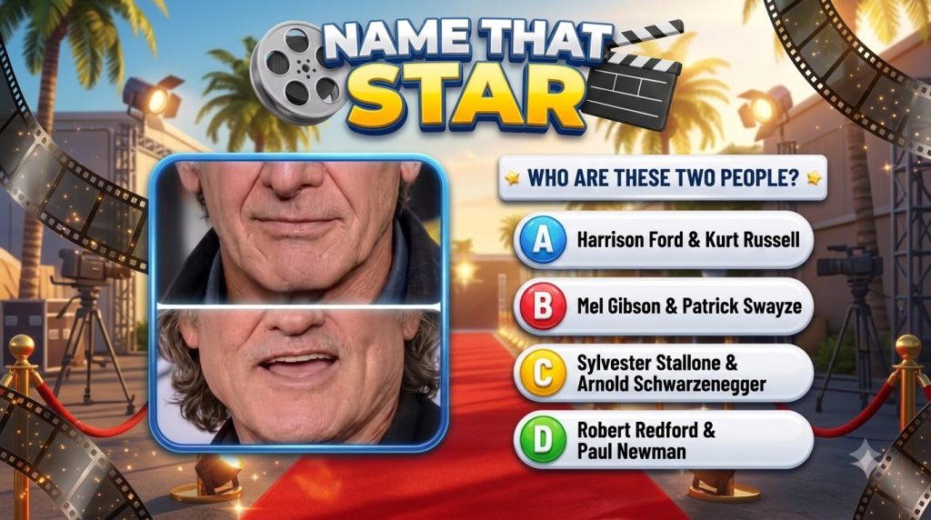A mobile game interface titled NAME THAT STAR showing two cropped close-ups of male celebrity faces for identification a