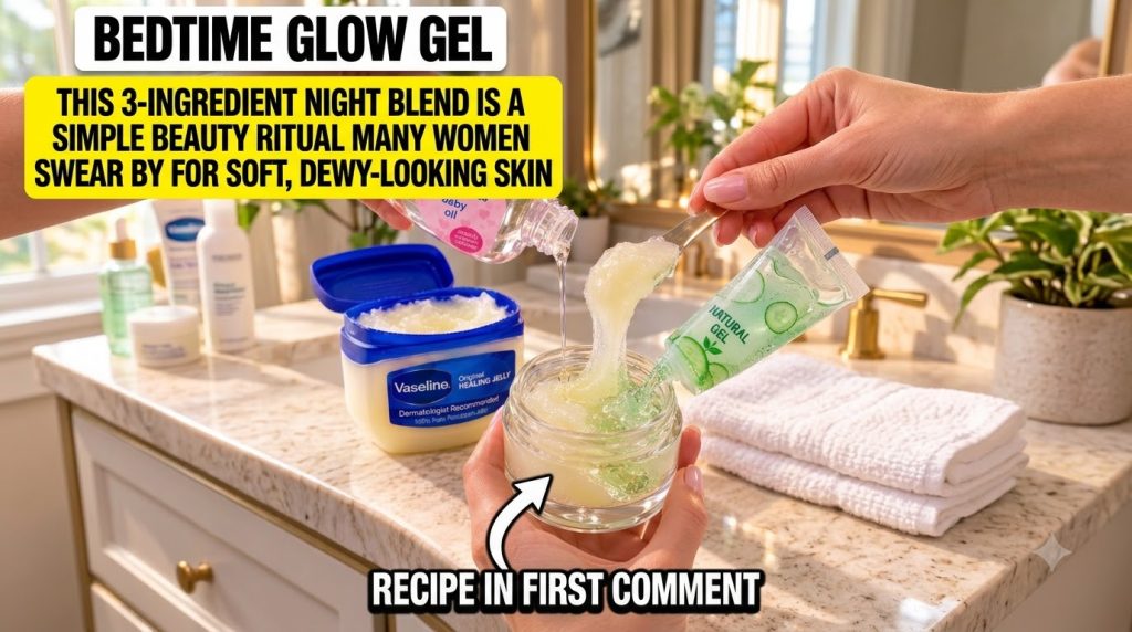 Hands mixing Vaseline baby oil and cucumber gel in a small glass jar on a bathroom counter The ingredients are visible a