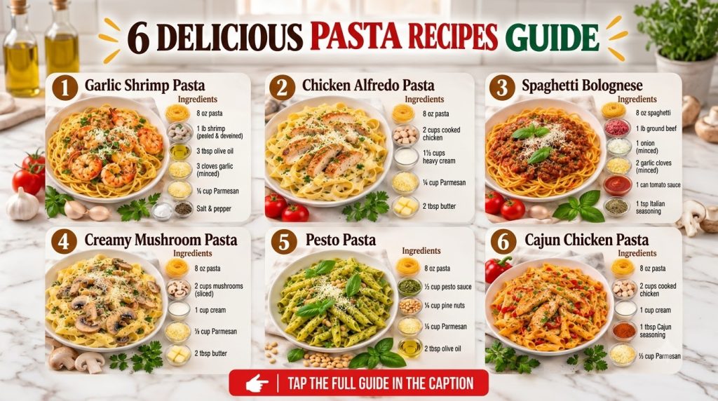 An infographic-style image of various pasta dishes with Spaghetti Bolognese prominently featured in the center Other dis