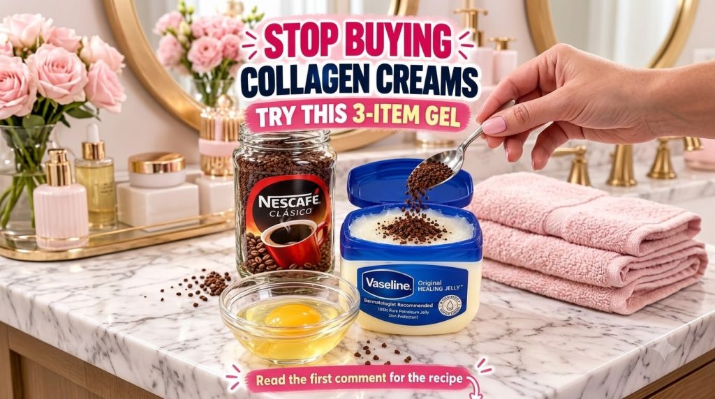 A hand is actively spooning coffee granules into a container of Vaseline next to a bowl with a raw egg and a jar of inst