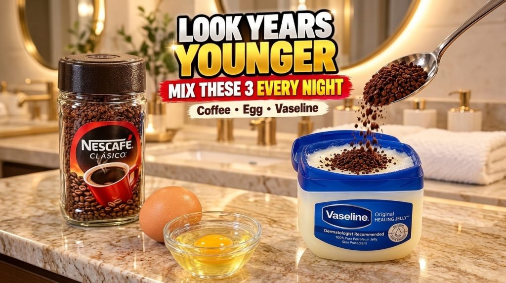 A close-up shot of the ingredients for the DIY night gel on a bathroom counter a jar of Nescafé instant coffee a whole e