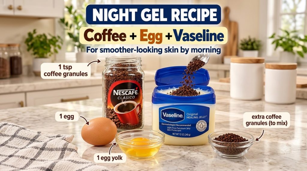 Ingredients for coffee egg and Vaseline night gel laid out on a kitchen counter a jar of coffee granules an open tub of 