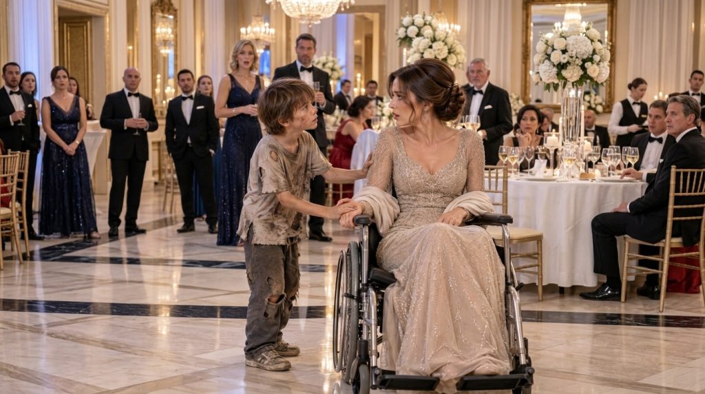 A young boy in ragged clothes reaches out to an elegantly dressed woman in a wheelchair in a lavish ballroom Both show i