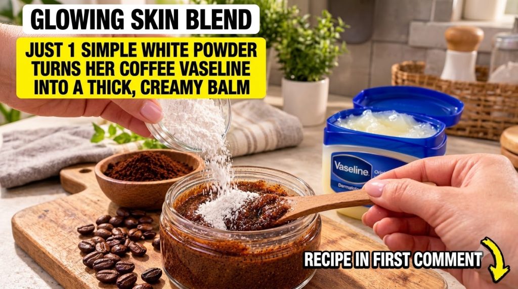 Hands pouring white rice powder from a small glass bowl into a jar containing a dark mixture of coffee grounds and Vasel