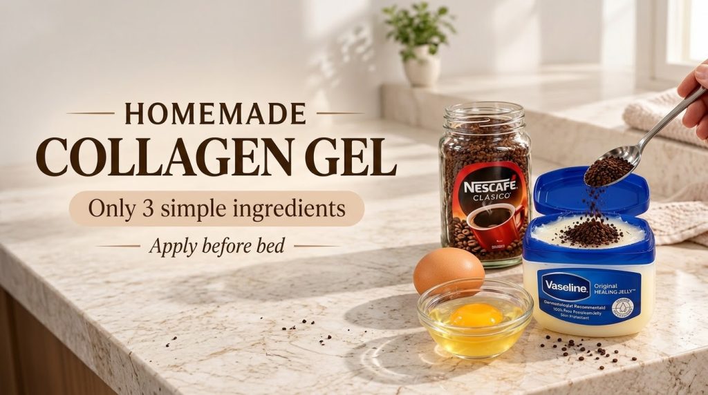 Ingredients for the homemade collagen gel recipe featuring a jar of instant coffee granules an open container of Vaselin