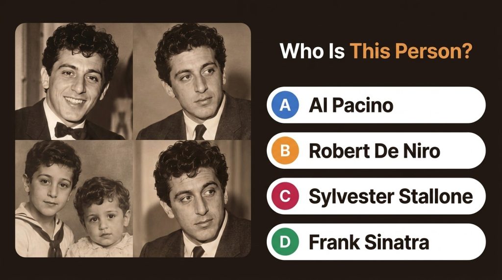A 2x2 grid of black and white photographs of a young Sylvester Stallone at different ages with the quiz question Who Is 