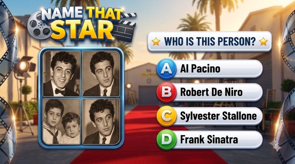 A mobile game screen titled Name That Star showing a 2x2 grid of black and white photos of young Sylvester Stallone The 