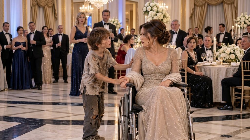 A young boy in tattered clothes holds the hand of an elegantly dressed woman in a wheelchair in a grand ballroom Surpris