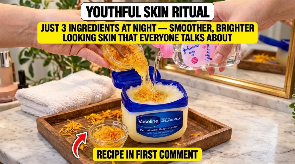 Hands pouring Johnson s Baby Oil and a golden calendula balm into a tub of Vaseline all on a wooden tray with a soft tow
