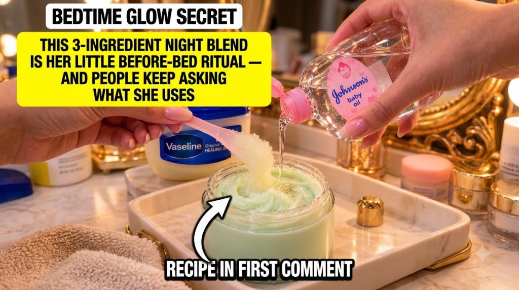 Hands mixing Vaseline Johnson s Baby Oil and Centella Cream in a glass pot with a pink spatula