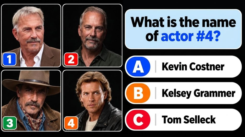 A multiple-choice quiz image showing a portrait of Kevin Costner with four options below
