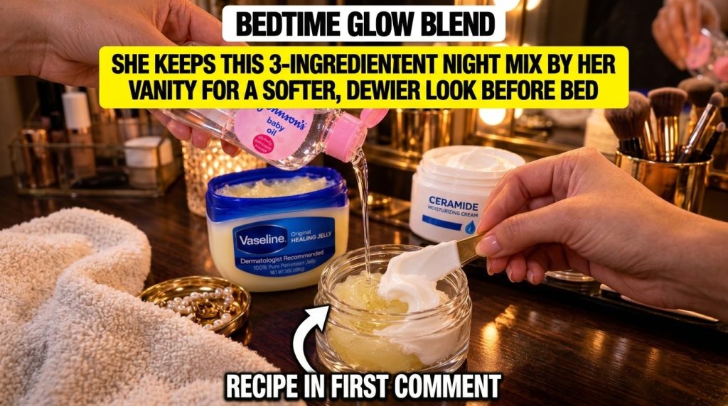 A hand pouring Johnson s baby oil into a glass jar with yellow gel while another hand adds white ceramide cream with a s